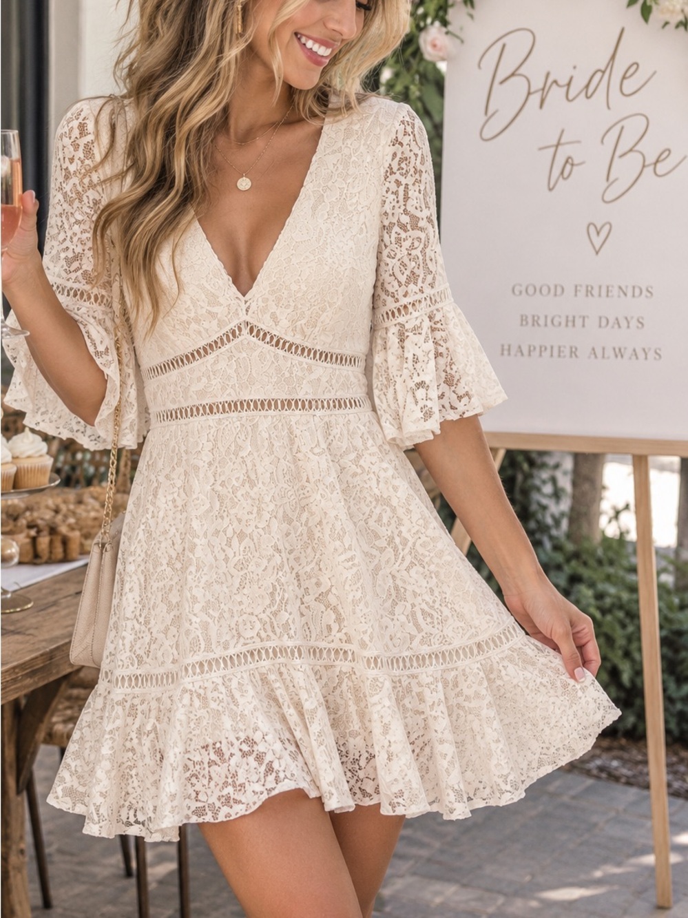 LUSH Ivory Lace Mini Dress S Bell Sleeve Crochet Trim Boho Bridal